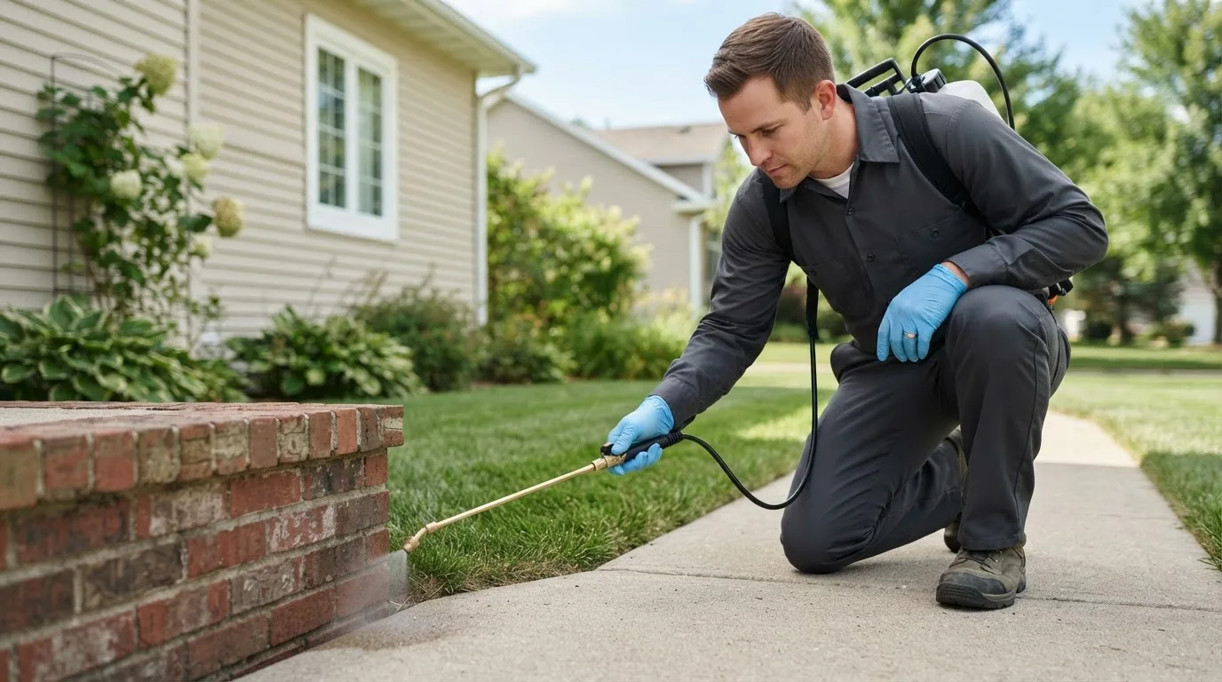 Pest control technician treating a home near Puryear, TN